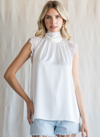 White Satin Solid Mock Neck Top