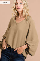 Woven V Neck Top w/ Bubble Sleeves - Taupe