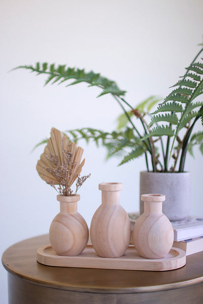 Three Wooden Bud Vases on Tray