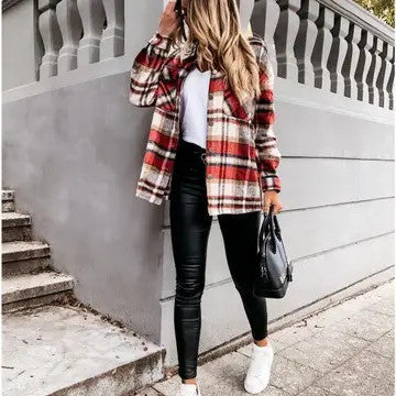 Wool Long Sleeved Plaid Coat