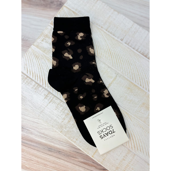 Black Leopard Print Crew Socks